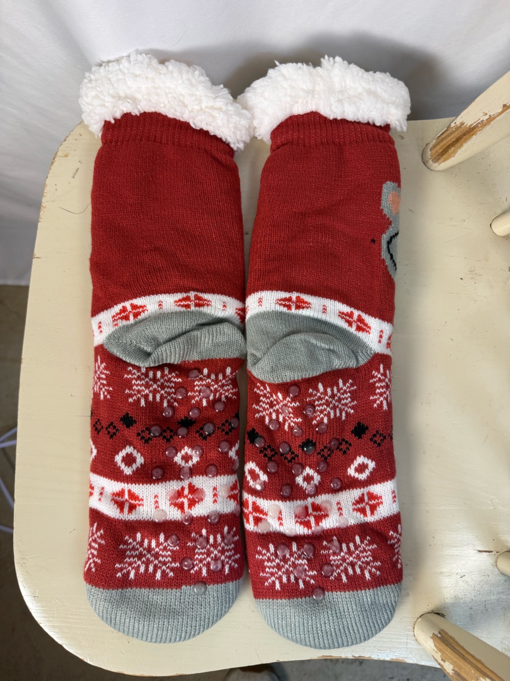 Red Fair Isle Crew Socks with Grip